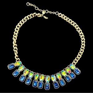 SOLD J Crew watermelon rainbow brulee statement necklace with navy rhinestones